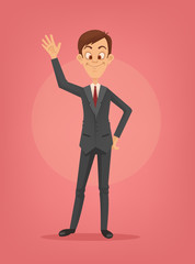 Happy smiling businessman character waving hand and greeting. Vector flat cartoon illustration