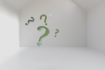 3d rendering of question marks in room