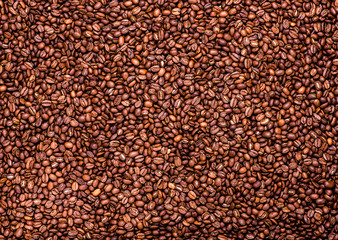 Coffee beans background. Texture. Roasted Arabic coffee. top view.