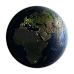 EMEA region on Earth at night isolated on white