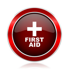First aid red silver metallic web and smartphone vector icon isolated on white background.