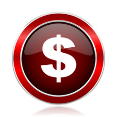 Dollar red silver metallic web and smartphone vector icon isolated on white background.