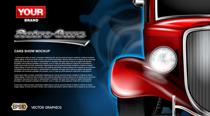 Digital vector red old retro car close up mockup, ready for print or magazine design. Your brand, auto show and exhibition, lights on. Black background, blue fog. Transparent, realistic 3d