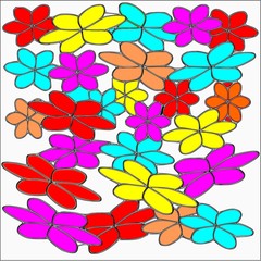 Obraz na płótnie Canvas Abstract white background large colored pink and blue and red and yellow flowers with a black stroke superimposed throughout the drawing