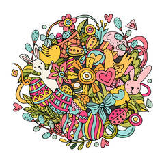 Cartoon vector hand drawn Doodle Happy Easter illustration.