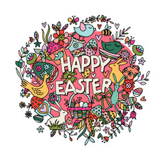 Cartoon vector hand drawn Doodle Happy Easter illustration.