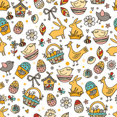 Cartoon vector hand drawn Doodle Happy Easter illustration. Seamless pattern.