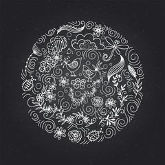 A bright circle with a summer ornament. Flowers, bugs, dragonfly, cloud. Element for your design.