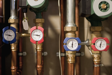 Copper pipes engineering in a boiler room