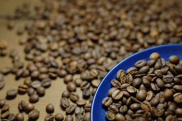 Coffee beans on blue plate