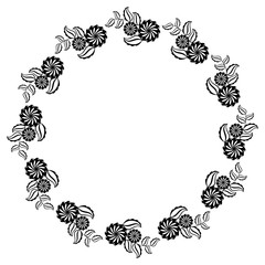 Abstract black and white ornament with decorative flowers. Vector clip art.