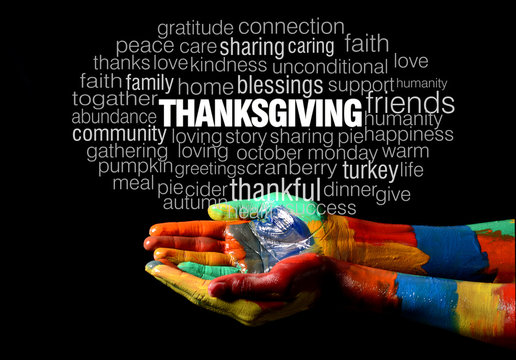 Happy Thanksgiving words collage on colorful painted hands