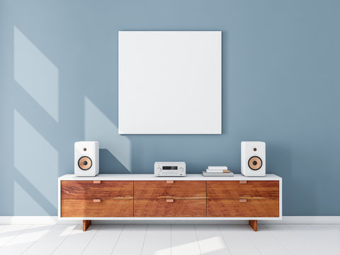 Square white canvas Mockup hanging on the Blue wall, hi fi micro system on bureau, 3d rendering