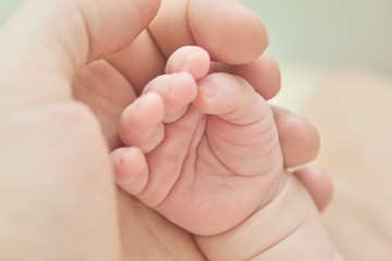 Obraz na płótnie Canvas A parent holding the hand of a newborn baby