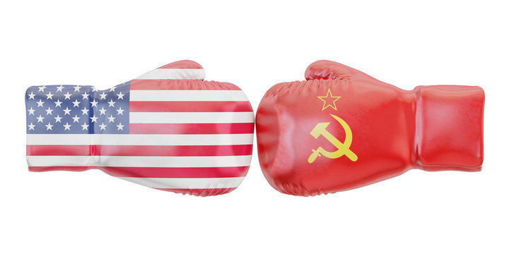 Boxing gloves with USA and USSR flags. Governments conflict concept, 3D rendering