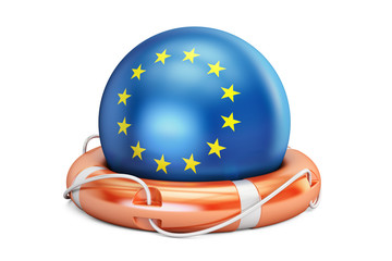 Lifebelt with EU flag, safe, help and protect concept. 3D rendering