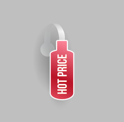 Vector red bottle shape wobbler mockup with transparent strip and grey background. Sale message template for your hanging shelf tag design.