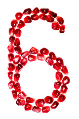 The number six pomegranate seeds isolated on white background. For the design of education or diet