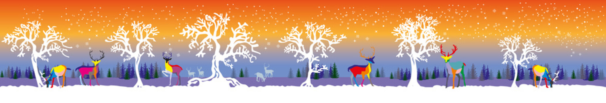 Vector long illustration winter forest with deers and trees
