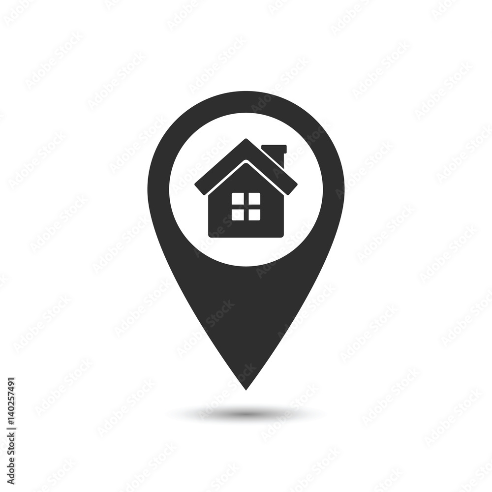 Poster map pointer with home icon, vector location sign.