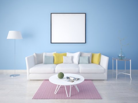 Mock up the living room in a minimalist style with a light sofa.
