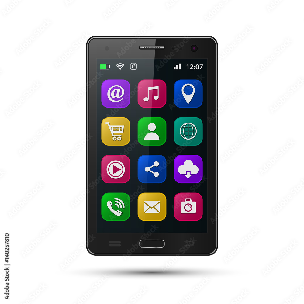 Poster smartphone with application icons. vector isolated realistic mobile phone.