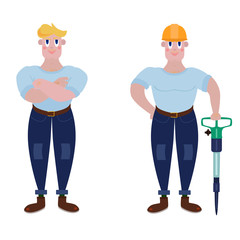 Fototapeta premium A strong worker with a jackhammer and a helmet or standing with his arms crossed. A man of muscle with arms crossed in a T-shirt and jeans