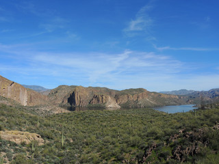 Scenic views of vast expanses of mountains, rocky ridges, and vegetation abound from Route 88 in Tonto National Forest, also known as the Apache Trail.  Canyon Lake is remote and beautiful.