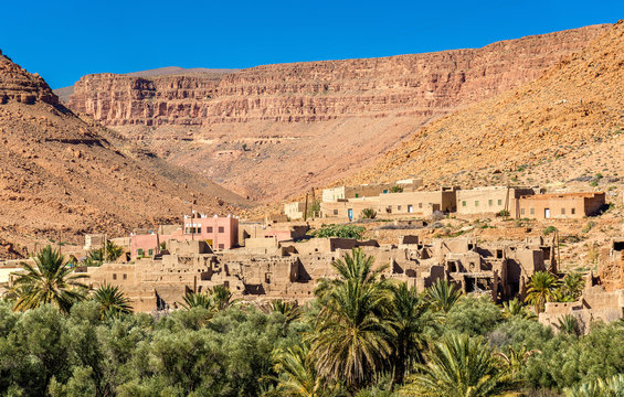 A village with traditional kasbah houses in Ziz Valley, Morocco