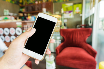 Hand holding phone in coffee shop background