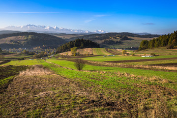 Fototapeta na wymiar Tatra mountains in rural scene, Poland