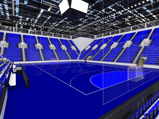 Bbeautiful sports arena for handball with blue seats and VIP boxes