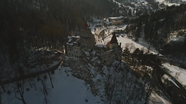 Flyover drone footage of Dracula's castle Bran in Transylvania