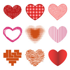 Differents style red heart vector icon isolated love valentine day symbol and romantic design wedding beautiful celebrate bright emotion passion sign illustration.