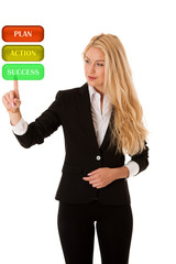 business woman pressing virtual button isolated over white