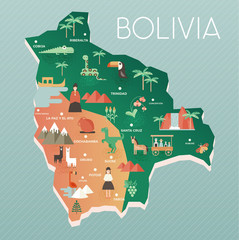 Vector illustration map of Bolivia with nature, animals and people in traditional clothes. Flat design style