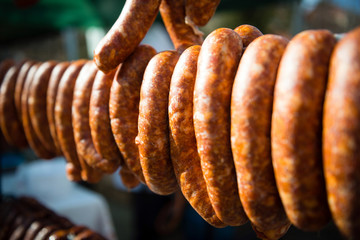 homemade sausages on display