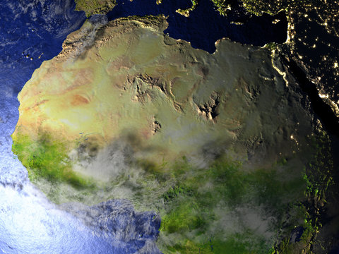 North Africa at night on realistic model of Earth