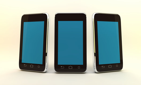 three smartphones 3D rendering warm background