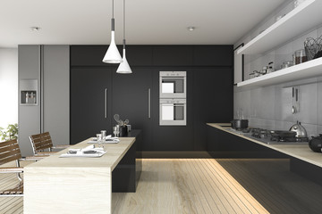 3d rendering black kitchen with wood floor and light