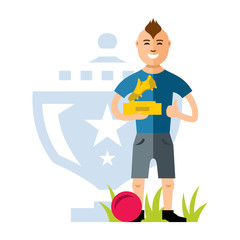 Vector Soccer player with the award at the hands. Flat style colorful Cartoon illustration.