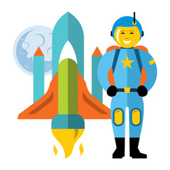 Vector Astronaut and space shuttle. Flat style colorful Cartoon illustration.