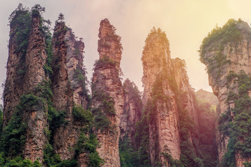 Beautiful view of natural quartz sandstone pillar of Zhangjiajie National forest park at Wulingyuan...