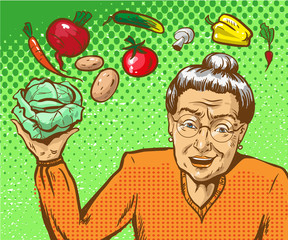 Vector pop art illustration of mature woman with vegetables