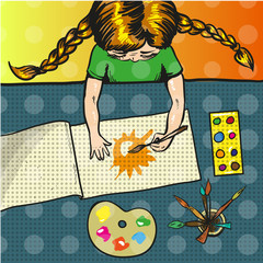 Vector pop art illustration of girl painting sun in album
