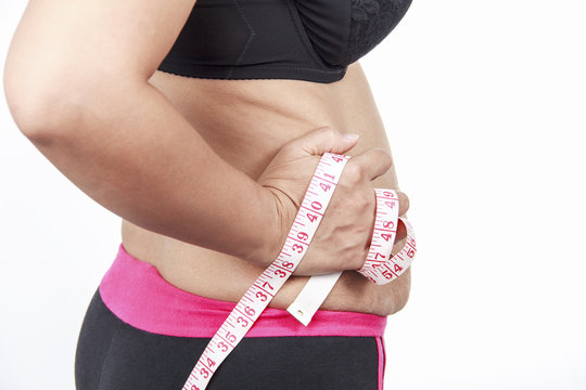 Fat Woman Pinching Her Fat Tummy On White Background.