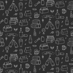 Seamless pattern Hand drawn doodle set of Brewery icons. Vector illustration set. Cartoon Craft Beer production symbols. Sketchy brewing elements collection: pub equipment, malt, hop, glass, barrel