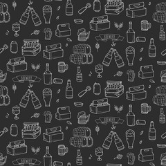 Seamless pattern Hand drawn doodle set of Brewery icons. Vector illustration set. Cartoon Craft Beer production symbols. Sketchy brewing elements collection: pub equipment, malt, hop, glass, barrel