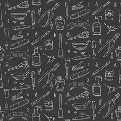 Seamless pattern with hand drawn doodle Nail salon icons set. Vector illustration. Manicure accessories collection. Cartoon sketch pedicure tools elements: polish, bottle, brush, varnish, scissors
