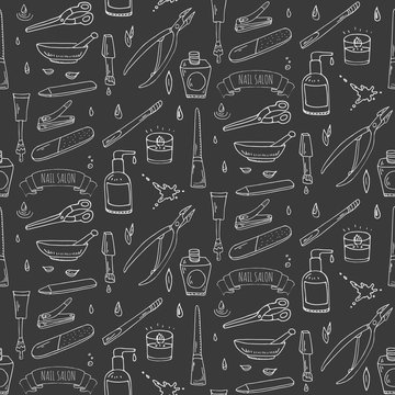 Seamless pattern with hand drawn doodle Nail salon icons set. Vector illustration. Manicure accessories collection. Cartoon sketch pedicure tools elements: polish, bottle, brush, varnish, scissors